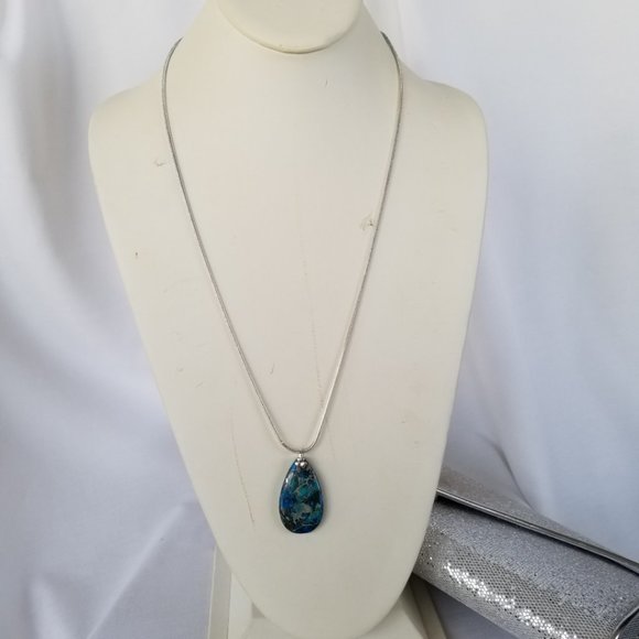 Blue & Silver Pendant with 925 Bail on Silver Chain 24" - Picture 10 of 13